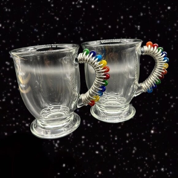Anchor Hocking Glass Clear Mug With Metal Wrap Handle Set 2 Rainbow Beads 5”T - Picture 2 of 10